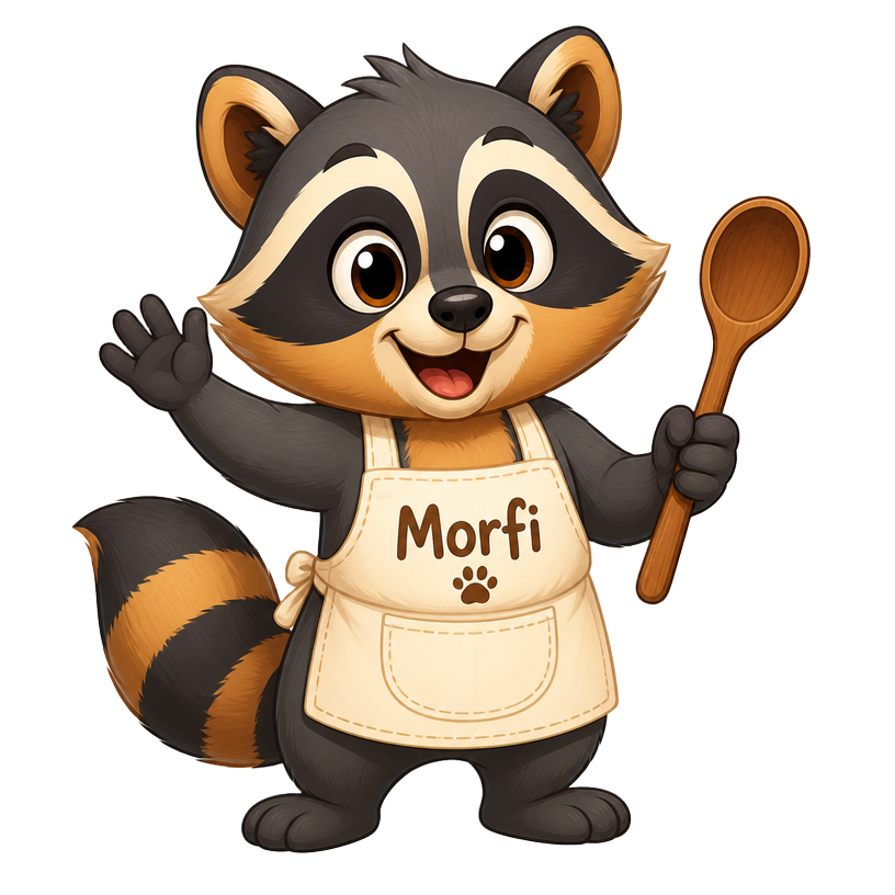 Morfi the raccoon chef holding a wooden spoon